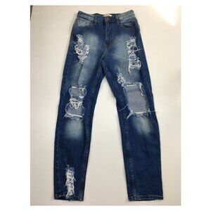 VIBRANT M.I.U Medium Wash Distressed 5Pocket Logo Hardware Jeans